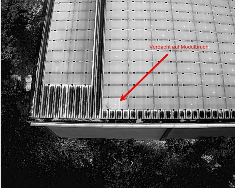 Graustufen-Wärmebild desselben Hallendachs mit markiertem Modul